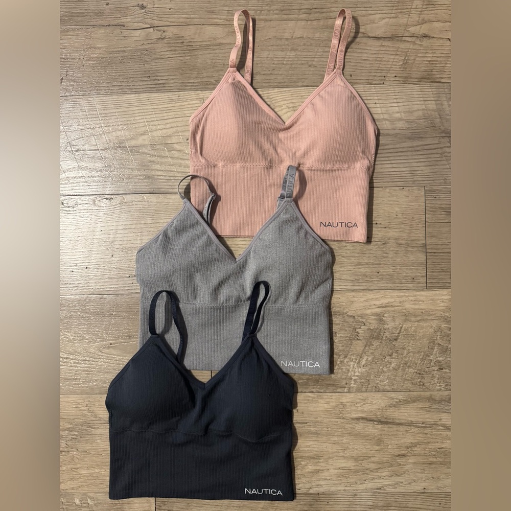 Nautica Ribbed V-Neck Bralette Set — Pink, Gray, Dark Blue